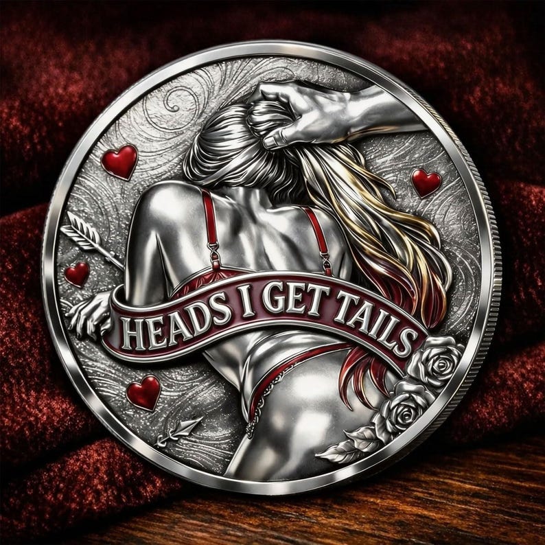 May include: A silver coin with a detailed relief design. The coin depicts a woman in lingerie, a hand, hearts, arrows, and the text "HEADS I GET TAILS" on a banner. The coin has a decorative edge.
