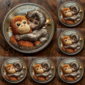 May include: A silver-colored coin featuring two hugging monkeys. One monkey is orange, the other is gray. The coin has the text "ONE DAY AT A TIME" and "YOU ARE NOT ALONE" around the edge. The image is repeated multiple times.