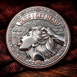 May include: A silver and copper coin with the text "TAILS I GET HEAD" and "FLIP ME." The coin features a woman's profile with her tongue out and a hand holding her hair. The words "FEEL THE LUCK" are also on the coin.