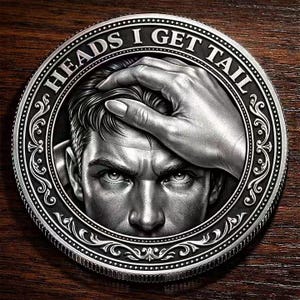 May include: A silver-colored coin with the text "HEADS I GET TAIL" around the edge. The coin features a detailed image of a man's face with a hand touching his head. The coin has an ornate border.