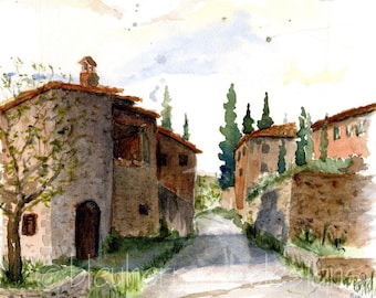 Italian watercolor- Village with Wild Spring Iris- art print