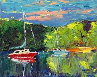 Sailboat landscape- Bright Reflection - Parc Régional Kiamika- oil painting art print