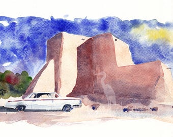 New Mexico watercolor- Impala in Ranchos de Taos - art print