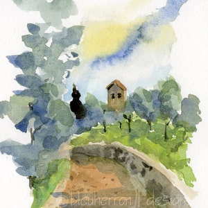 May include: Watercolor painting of a small stone building with a brown roof, surrounded by trees and a winding path. The sky is a light blue with yellow and white clouds.