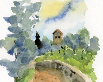 italian landscape painting- Chapel Among Olives- art watercolor print