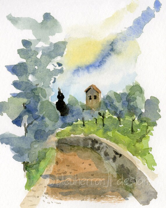 italian landscape painting- Chapel Among Olives- art watercolor print