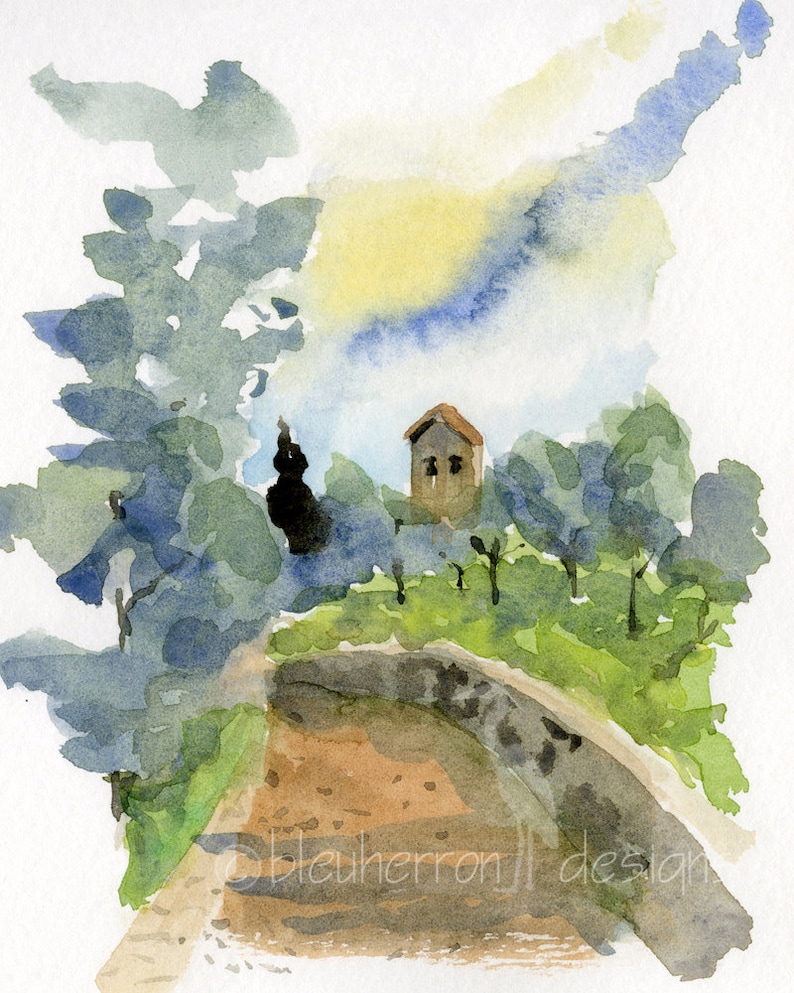 May include: Watercolor painting of a small stone building with a brown roof, surrounded by trees and a winding path. The sky is a light blue with yellow and white clouds.