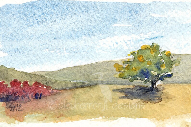 Puede incluir: Pintura acuarela de un paisaje con un solo &aacute;rbol en primer plano. El &aacute;rbol tiene hojas verdes y flores amarillas. El fondo es un cielo azul con nubes blancas y una colina en la distancia.