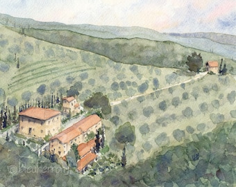 italy watercolor landscape - Tuscan Villa - watercolor art print