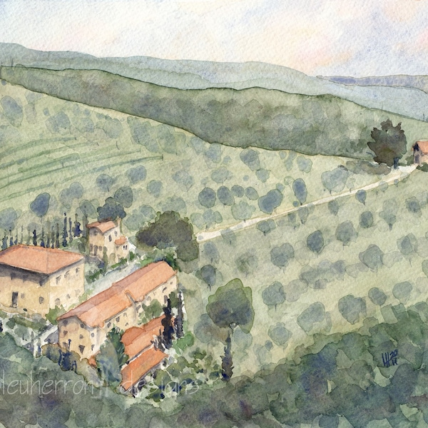 italy watercolor landscape - Tuscan Villa - watercolor art print