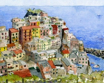 Italy watercolor painting- Cinque Terre-Manarola - art print