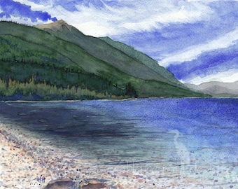 mountain watercolor landscape - Glacier Lakeshore - art print