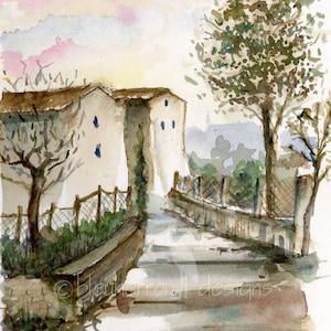 May include: Watercolor painting of a stone building with a fence and a tree in the foreground. The building has a brown roof and white walls with blue windows. The tree is green and has a brown trunk. The fence is made of wood and has a wire mesh top. The sky is a light blue with pink clouds.