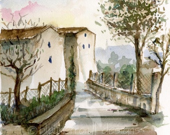 italy watercolor- Village in Spring Rain- art print