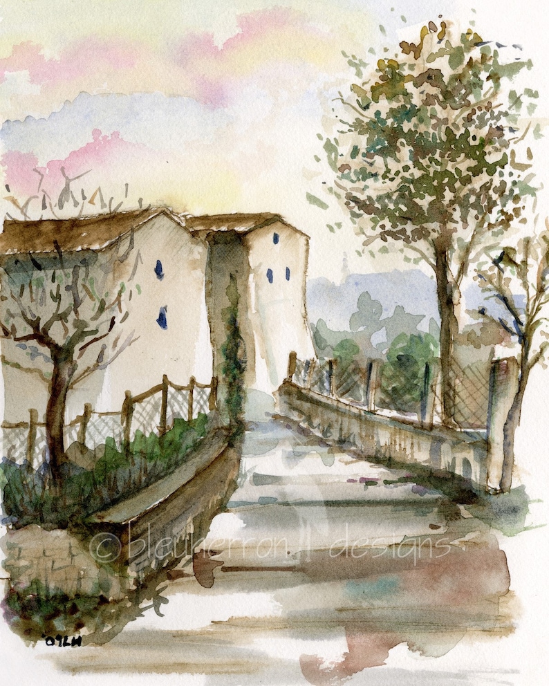 May include: Watercolor painting of a stone building with a fence and a tree in the foreground. The building has a brown roof and white walls with blue windows. The tree is green and has a brown trunk. The fence is made of wood and has a wire mesh top. The sky is a light blue with pink clouds.