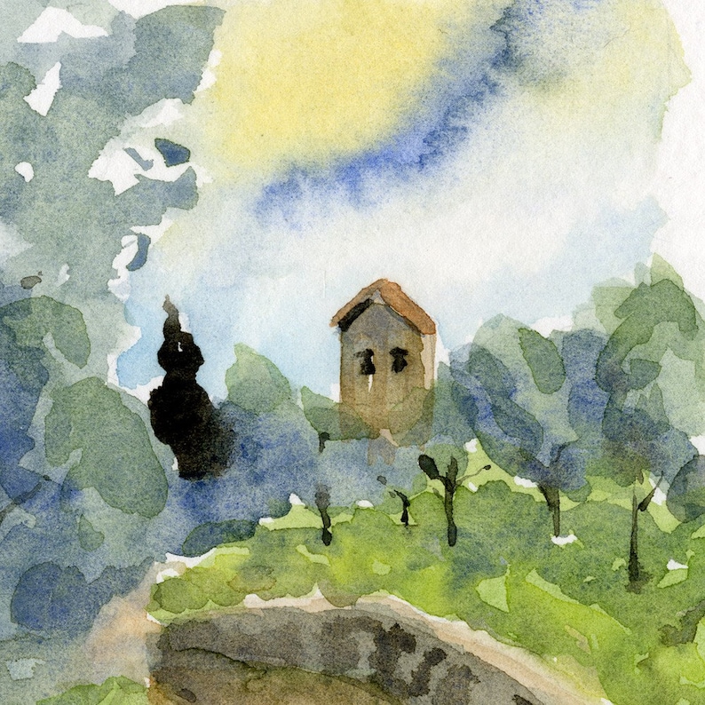 May include: Watercolor painting of a small house with a brown roof surrounded by trees. The sky is a light blue with a yellow sun.