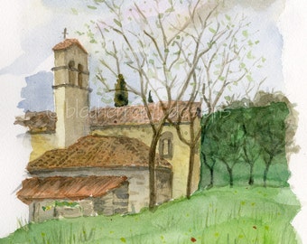 tuscan watercolor landscape- Old Village Chapel- art  print