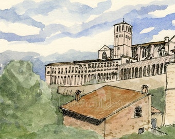 Italian Art- Basilica of St. Francis- watercolor drawing print