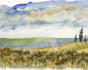 italian watercolor- Tuscan Dreamscape- panorama watercolor print