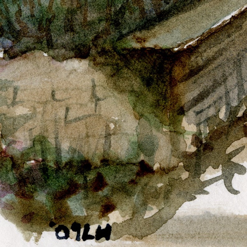 May include: A watercolor painting of a forest scene with a brown and green color scheme. The painting is signed "09LH" in the bottom right corner.