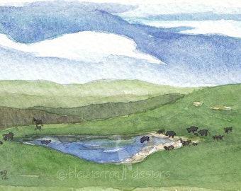 watercolor landscape- Flint Hills Pasture- art print