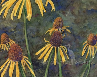 honey bee garden painting- Coneflower Visitor- watercolor art print