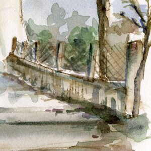 May include: Watercolor painting of a fence and a tree with green foliage. The fence is made of wood and has a lattice design. The tree is in the background and is partially obscured by the fence. The painting is done in a loose, impressionistic style.