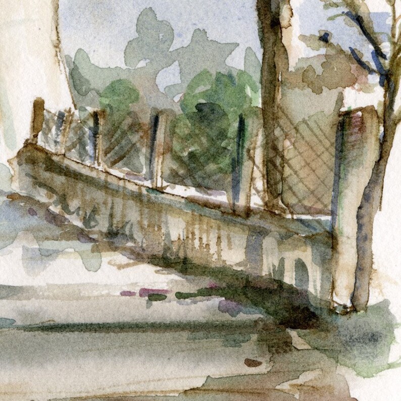 May include: Watercolor painting of a fence and a tree with green foliage. The fence is made of wood and has a lattice design. The tree is in the background and is partially obscured by the fence. The painting is done in a loose, impressionistic style.