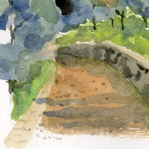 May include: Watercolor painting of a landscape with a stone archway and green foliage. The painting is done in shades of brown, green, and blue.