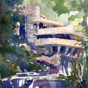 architecture watercolor- Fallingwater- Frank Lloyd Wright- art print