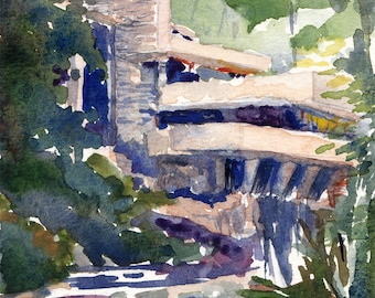 architecture watercolor- Fallingwater- Frank Lloyd Wright- art print