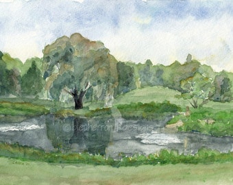 watercolor landscape- Willow Pond- art  print