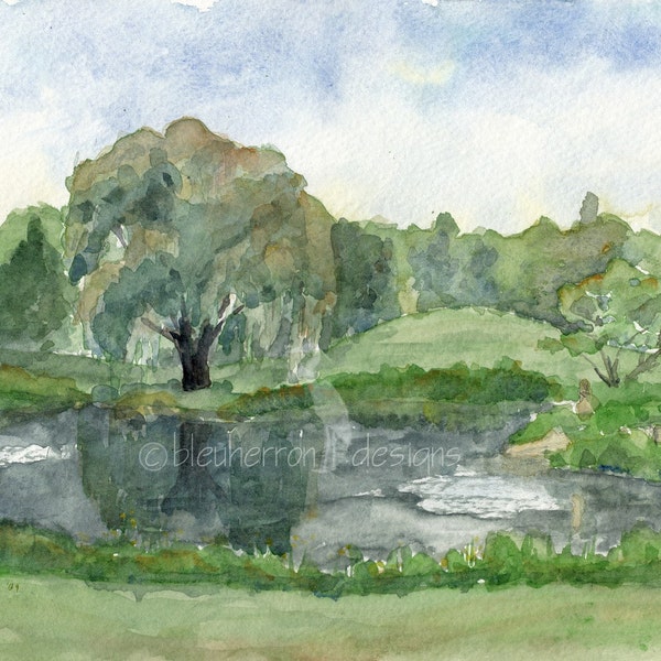 watercolor landscape- Willow Pond- art  print