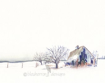 watercolor winter landscape- Barn- Kansas 150- art print