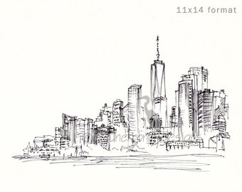 NYC Skyline- ink city sketch- art print