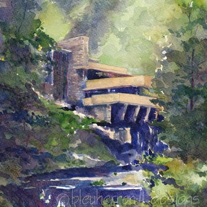 watercolor painting- Summer at Fallingwater- Frank Lloyd Wright- art print