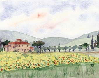 Italian Sunflowers - watercolor landscape art print