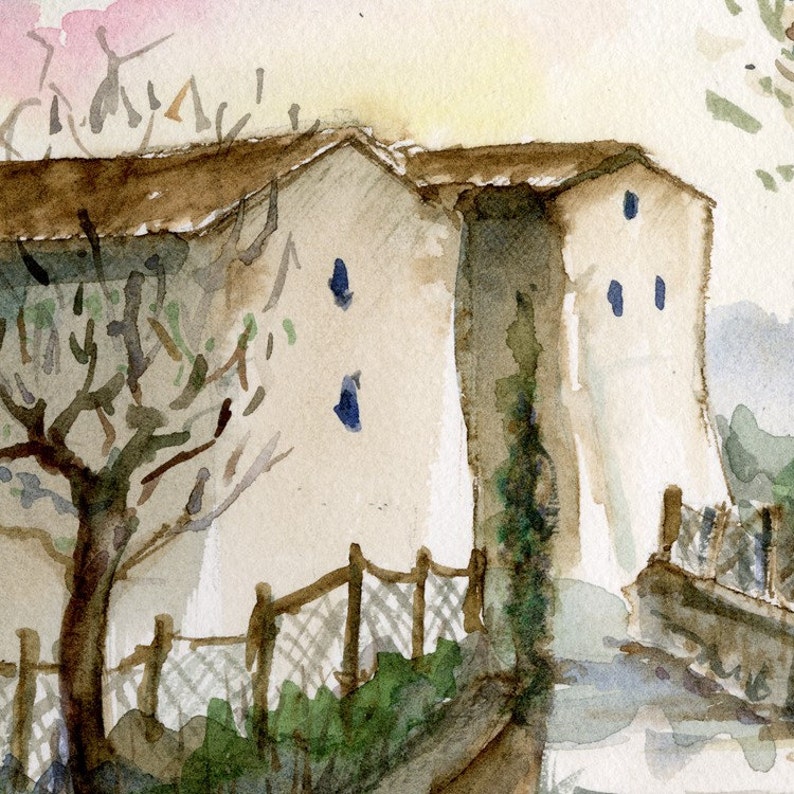 May include: Watercolor painting of a beige building with a brown roof and a small tree in front. The building has two windows on the side and a fence in front of it.