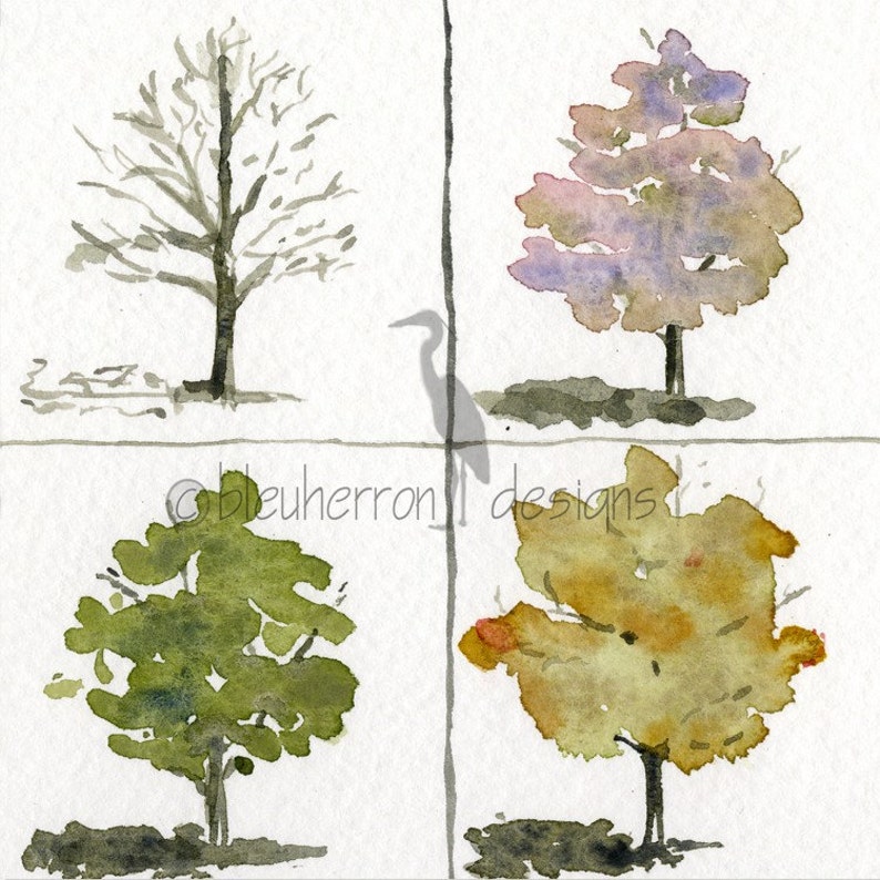 four seasons painting A Tree's Clothes watercolor art print image 1