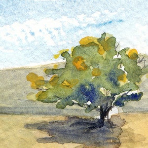 Puede incluir: Pintura acuarela de un &aacute;rbol verde con flores amarillas sobre un fondo de cielo azul con nubes blancas. El &aacute;rbol est&aacute; en primer plano y su sombra se proyecta en el suelo.