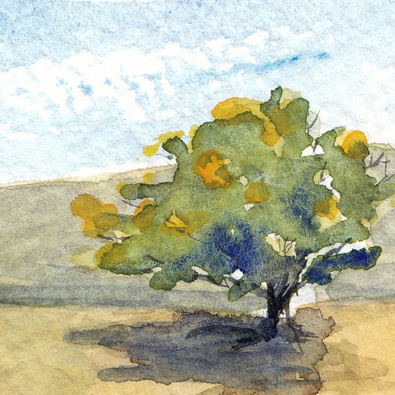 Puede incluir: Pintura acuarela de un &aacute;rbol verde con flores amarillas sobre un fondo de cielo azul con nubes blancas. El &aacute;rbol est&aacute; en primer plano y su sombra se proyecta en el suelo.