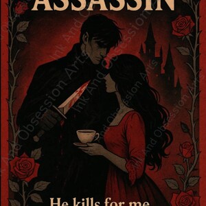 May include: A gothic-style illustration with a red and black color scheme. The text reads "THE ASSASSIN" above a silhouetted couple, one holding a knife. The bottom text says, "He kills for me. Then makes me tea."