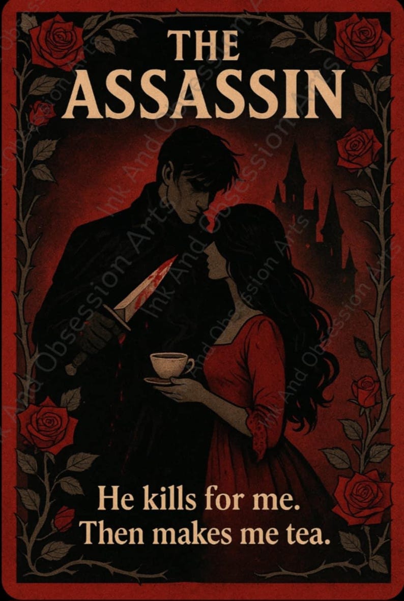 May include: A gothic-style illustration with a red and black color scheme. The text reads "THE ASSASSIN" above a silhouetted couple, one holding a knife. The bottom text says, "He kills for me. Then makes me tea."