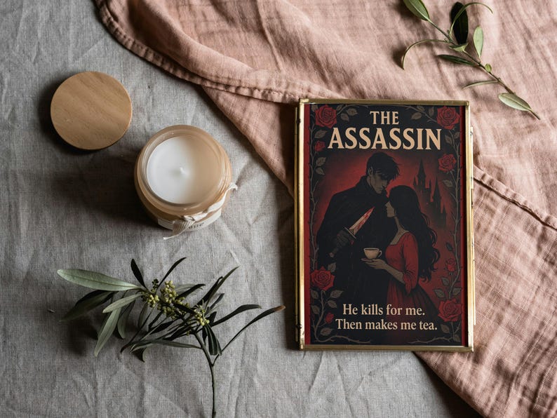 May include: A framed print with the title "The Assassin" and the quote "He kills for me. Then makes me tea." The artwork features a man holding a knife and a woman. A candle and greenery are also present.