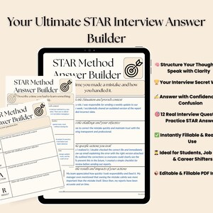 Puede incluir: Una tableta digital que muestra una plantilla de "STAR Method Answer Builder", con hojas de trabajo para estructurar las respuestas de las entrevistas. El texto incluye "Estructura tus pensamientos y habla con claridad" y "Tu arma secreta para entrevistas."