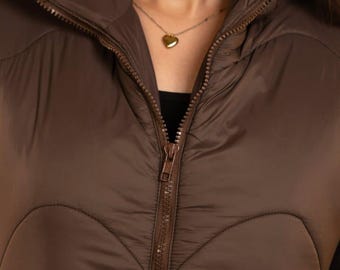 Abrigo acolchado marrón para mujer / Chaqueta de invierno cálida / Prenda exterior ligera con cremallera