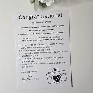 May include: A white card with the text "Congratulations!" and instructions for table captains at a wedding. The card includes a camera graphic with a heart and is decorated with white flowers.