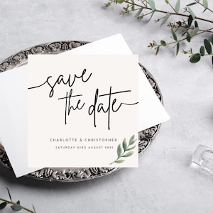 Elegante tarjeta de boda en blanco y negro para guardar la fecha / Personalizable en Canva / Descarga digital instantánea para bodas modernas