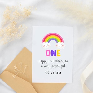 Karte zum 1.Geburtstag | Regenbogen Geburtstagskarte | Alles Gute zum Geburtstag Karte | Personalisierte Karte | Bunte Karten | A6 Gestalten | 300 g/m² Karton