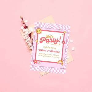 faire-part d'anniversaire jaune et rose | Invitation entièrement personnalisable | Impression sur toile | Conception faite main | Impression hippie | Fille d'anniversaire